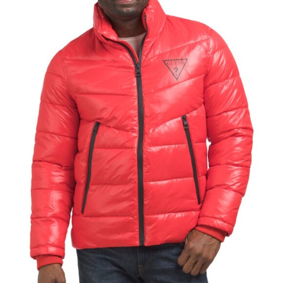 NEW GUESS Mid Weight Logo Oversized Puffer Coat Crimson for men 364tn - Picture 1 of 5